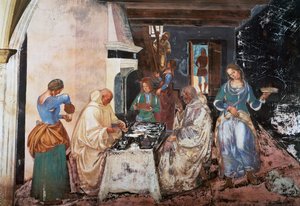 Benedict forteller munkene hvor og når de spiste mens de var utenfor klosteret, scene fra historiene om St. Benedict av Luca Signorelli