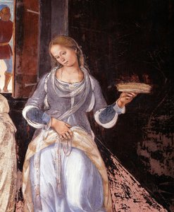 Benedict fortalte munkene hvor og når de spiste utenfor klosteret. Detail Cloister fresco laget av Luca Signorelli (1445 ca-1523) som forteller om livet til Saint Benedict of Nursie (480 - 567) grunnlegger av Benediktinerordenen 1497-1498 Abbey of Monte Ol av Luca Signorelli