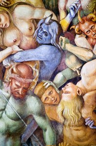 Forbannet i helvete, detalj med selvportrett av Luca Signorelli i skikkelse av en blå demon, fra freskosyklusen Last Judgment av Luca Signorelli