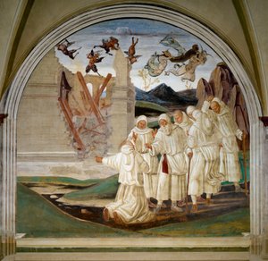 Life of Saint Benedict: "" How God Punishes Florent"" En munk forteller helgenen at Florent (Fiorenzo) døde begravet under dekompresjonen av huset hans skutt ned av demonene. Fresco av Luca Signorelli (ca. 1445-1523) av Luca Signorelli