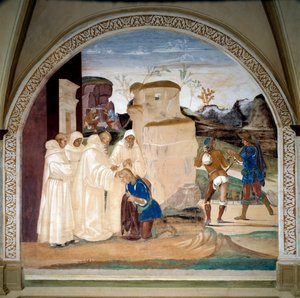Life of Saint Benedict of Nursie (ca. 480-547): “” Benedict formaner broren til munken Valerian som har brutt sin faste” (Hvordan Benedict formaner broren til munken Valerian som har brutt sin faste) Klosterfreskomaleri laget av Luca Signorelli (ca. 1445-1 av Luca Signorelli