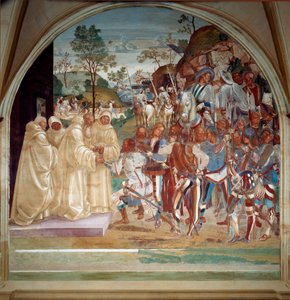 Saint Benedict of Nursia ønsker velkommen til Totila (6. århundre) kongen av østgoterne freskomaleri av munkenes refektorium laget av Luca Signorelli som forteller om livet til Saint Benedict of Nursie (480 - 567) grunnlegger av Benediktinerordenen. 1503 - av Luca Signorelli