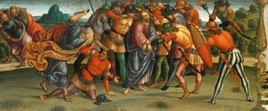 Kristi fangst. Lamentation over the Dead Christ, Predella panel, 1502. av Luca Signorelli