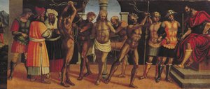 The Flagellation, detalj av predella-panelet fra altertavlen til Treenigheten med Madonna og barn og SS. Augustine og Anastasius panel av Luca Signorelli