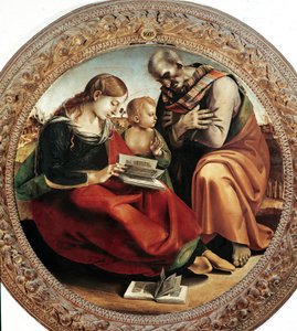 Den hellige familie. Maleri av Luca Signorelli (1450-1523), cirka 1495. Tondo. Olje på lerret. Diameter: 124 cm. Firenze, Uffizi-galleriet (Firenze, Uffizi-museet) av Luca Signorelli