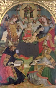 Treenigheten, Madonna og barnet, engler og hellige, ca. 1505-08 (olje på panel) av Luca Signorelli