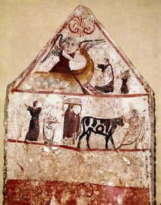 En okse leder på alteret til offerfresken fra det 4. århundre f.Kr., fra nekropolisen Andriuolo i Paestum, Italia. Museo nazionale archeologico, Paestum