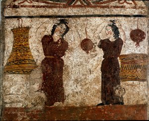 En gruppe dansere under en begravelsesrite Lucanian fresco fra det 4. århundre f.Kr., fra nekropolisen i Paestum, Italia. Museo nazionale archeologico, Paestum