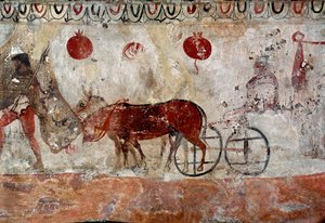 En flokkholder og to esler Lucanian freske fra det 4. århundre f.Kr., fra nekropolisen Paestum, Italia. Museo nazionale archeologico, Paestum