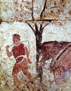 En bonde som trekker to hester Lucanian freske fra det 4. århundre f.Kr., fra nekropolisen Paestum, Italia. Museo nazionale archeologico, Paestum