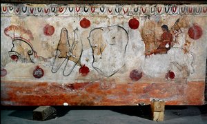 En rytter og de forskjellige elementene i rustningen hans Lucanian fresco fra det 4. århundre f.Kr., fra nekropolis i Paestum, Italia. Museo nazionale archeologico, Paestum
