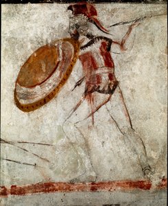 En kriger med et spyd og et skjold Lucanian fresco fra det 4. århundre f.Kr., fra Tomb of the Horseman, stedet i Paestum, Italia. Museo nazionale archeologico, Paestum