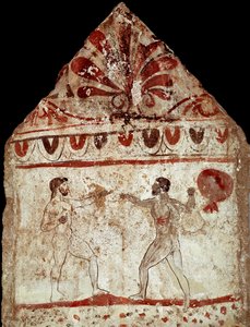 To idrettsutøvere som spiller pugilat (boksing) Lucanian fresco fra det 4. århundre f.Kr., fra nekropolisen Paestum, Italia. Museo nazionale archeologico, Paestum