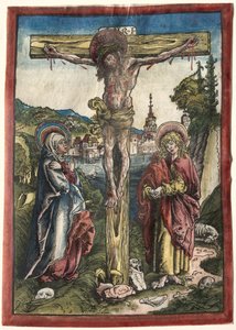 Kristus på korset mellom jomfruen og den hellige Johannes av Lucas Cranach