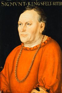 Portrett av Sigmunt Kingsfelt, halvlangt, iført et rødt kostyme,