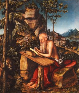 Saint Jerome skriver i et steinete landskap, ca. 1515 av Lucas Cranach