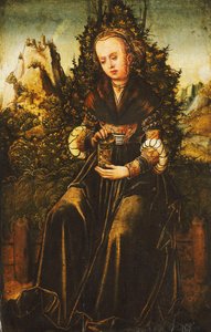Saint Mary Magdalen sitter på en gresskant i et fjellrike landskap, av Lucas Cranach