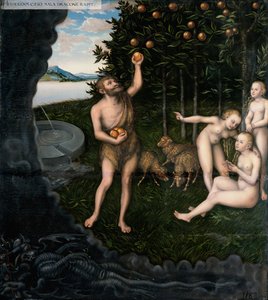 Hercules stjeler eplene fra Hesperides fra The Labours of Hercules av Lucas Cranach the Elder