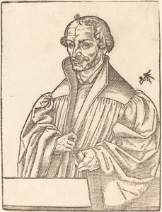 Philip Melanchton, Halvlengde til venstre, står bak et brystverk av Lucas Cranach the Younger