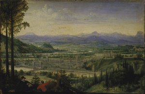 Utsikt over Linz med kunstnertegning i forgrunnen, 1593. av Lucas Valckenborch van