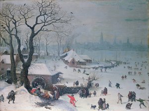 Vinterlandskap med snøfall nær Antwerpen av Lucas Valckenborch van
