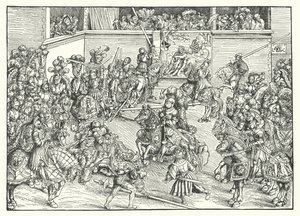 Turneringen med teppet til Samson og løven (gravering) av Lucas the Elder (after) Cranach