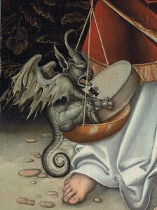 Erkeengelen Michael som holder Scales of Justice (detalj) (olje på panel)