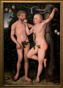Adam og Eva. Maleri av Lucas Cranach den tidligere (1472-1553), ca. 1538. Flamsk kunst 1500-tallet. Nasjonalgalleriet, Sternberg-palasset, Praha (Tsjekkia).