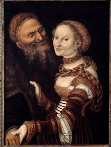 Courtesan and Old Man Painting av Lucas Cranach (1472 - 1553). Det 16. århundre. Musee des Beaux-Arts de Besancon. av Lucas the Elder Cranach