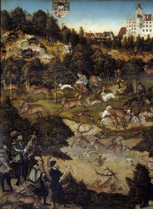 Jakt til ære for Karl V på Torgau slott (Tyskland). Detalj. Keiseren er trolig en representant i underetasjen som holder en armbrøst. Maleri av Lucas Cranach (1472-1553) av Lucas the Elder Cranach