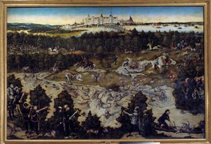 Jakt til ære for Karl V på Torgau slott i Tyskland Maleri av Lucas Cranach den eldre (1472-1553) 1544. Madrid. Musee Du Prado - Jakt til ære for Charles V på slottet Torgau i Tyskland. Maleri av Lucas Cranach den eldre (1472-1553) 1544. P av Lucas the Elder Cranach
