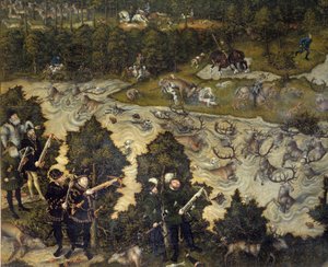 Jakt til ære for Karl V på Torgau slott i Tyskland Keiseren er representativ til venstre sannsynligvis. Detalj. Maleri av Lucas Cranach den eldre (1472-1553). Det 16. århundre. Madrid. Prado-museet av Lucas the Elder Cranach