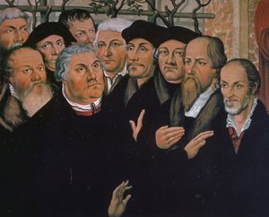Martin Luther med representanter for protestantisk reformasjon, til høyre Melanchthon, i sentrum av Erasmus av Rotterdam, detalj fra Resurrection of Lazarus, maleri av Lucas Cranach Elder (1472-1553)