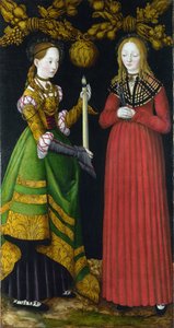 Saint Genevieve og Saint Apolline (eller Apollonia) (Saints Genevieve og Apollonia). Saint Genevieve (423-502 eller 512), skytshelgen for byen Paris. Saint Apollonia (eller Apollonia) av Alexandria (død 249), martyr og beskytter av tannleger. Maling av av Lucas the Elder Cranach