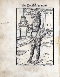 The Bapstesel zu Rom (The Pave Asse eller The Pope Asse of Roma), av Cranach, Lucas, den eldste (1472-1553). Tresnitt av Lucas the Elder Cranach