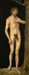 Menneskets fall: Adam - Lucas Cranach, den eldste (1472-1553). Olje på tre, ca 1510-1520. Mål: 137x54 cm. Kunsthistorisk museum, Vienne av Lucas the Elder Cranach