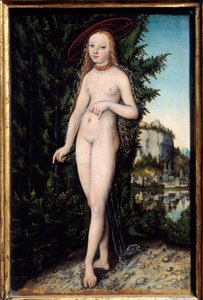 Venus står i et landskapsmaleri av Lucas Cranach den eldre (1472-1553) 1529, Olje på tre, Dim. 0,38x0,25 m - Venus står i et landskap. Maleri av Lucas Cranach den eldste (1472-1553)