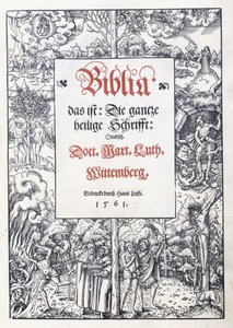 Tittelside, med en fin billedkant fra "Biblia, das ist: Hele hellige skrift: tysk", oversatt av Martin Luther, 1560-1561