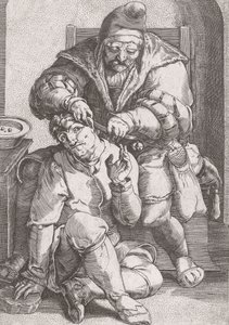 Frisørkirurg fra 1600-tallet tar seg av en pasients øre. av Lucas van (after) Leyden