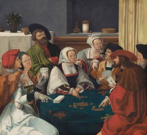 Kortspillerne, sannsynligvis ca. 1550-99 (olje på lerret) av Lucas van (after) Leyden