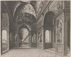 Interiør i en korshvelvet hall dekorert med grotesker av Lucas van Doetechum and Johannes