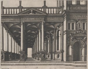 Åpen hall støttet av korintiske kolonner av Lucas van Doetechum and Johannes