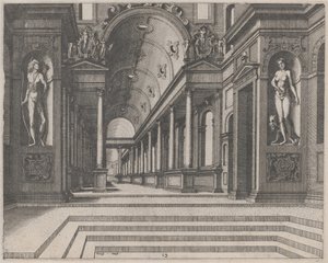 Utsikt i en kirke med korintiske søyler og statuer av Apollo, Melpomene og Moses