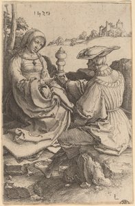 En adelsmann og en dame som sitter i et landskap av Lucas van Leyden