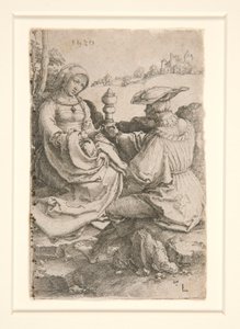 En adelsmann og en dame som sitter i et landskap av Lucas van Leyden