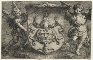 Et skjold som bærer en maske støttet av to Genii av Lucas van Leyden