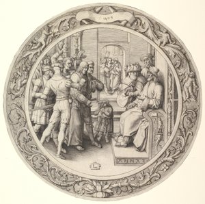 Kristus før Annas, fra Circular Passion, 1509. av Lucas van Leyden
