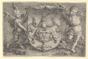 Våpenskjold med maske, holdt av Two Genii, 1527. av Lucas van Leyden