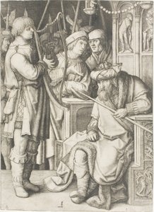 David spiller på harpen før Saul av Lucas van Leyden