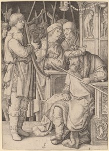 David spiller harpe før Saul av Lucas van Leyden
